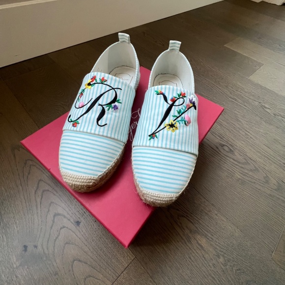 ROGER VIVIER Blooming Rv Embroidered Striped Canvas Espadrilles Blue Size 7 - Picture 5 of 12